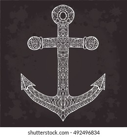 Anchor vector on a black background. Object isolated illustration. Doodle style. Zentangle art. Cloth, design, wallpaper, wrapping, textile, card, holiday, decorative. Color magic sea ocean. Eps10.