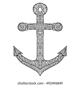 Anchor vector on a white background. Object isolated illustration. Doodle style. Zentangle art. Cloth, design, wallpaper, wrapping, textile, card, holiday, decorative. Color magic sea ocean. Eps10.