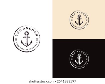 Ancla Antiguas Hipster Retro Circular Sello Rústico Dibujado a Mano Barco Marino Navy Diseño de logotipo náutico