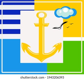 Anchor. Vintage yellow anchor. The background consists of squares of yellow, blue and green colors. Background for scrapbooking. Postcard from the sea. Vector graphics.