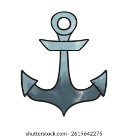 Anchor with Watercolor metallic Texture in black outline. Hook for nautical designs, logos, summer graphics and coastal decoration. Isolated Mooring. Grapnel. Flat style. Color vector illustration