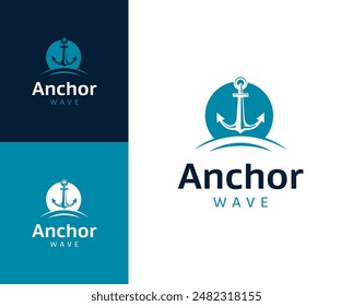 Ankerwellen-Logo. Anker mit Wellensymbol-Design-Illustration. Anchor Wave Logo Design Inspiration.
