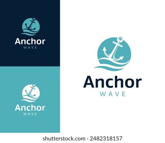 Ankerwellen-Logo. Anker mit Wellensymbol-Design-Illustration. Anchor Wave Logo Design Inspiration.
