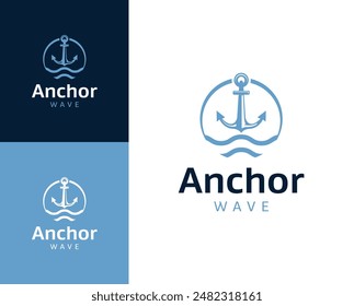 Anchor wave logo. Anchor with wave icon logo design illustration. Anchor wave logo design inspiration.
