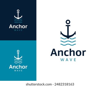 Anchor wave logo. Anchor with wave icon logo design illustration. Anchor wave logo design inspiration.
