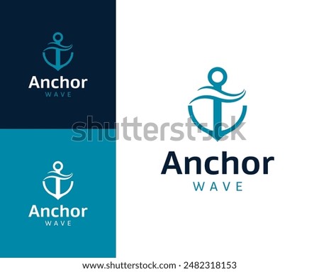 Anchor wave logo. Anchor with wave icon logo design illustration. Anchor wave logo design inspiration.
