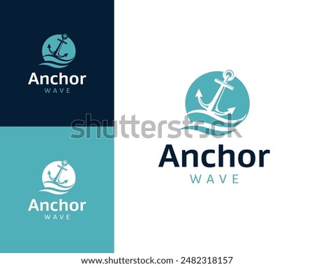 Anchor wave logo. Anchor with wave icon logo design illustration. Anchor wave logo design inspiration.
