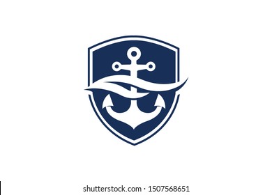 Anchor, Wave and Shield logo symbol or icon template