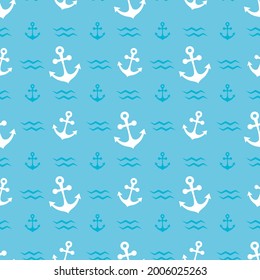 Anchor and waves on a blue background. Seamless background. Cute marine pattern for fabric, baby clothes, background, textile, wrapping paper 