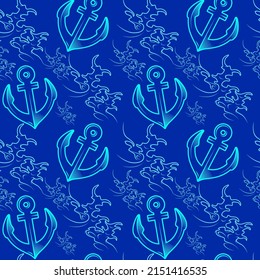 Anchor and waves on blue background, seamless pattern, texture for fabric design, wallpaper and tile, vector illustration