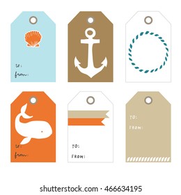 Anchor, Whale, Sea. Set of 6  creative tags  templates with marine theme design.  summer and ocean  tags for text and design Collection tags, cute tags, Set tags, printable tags, hand drawn tags