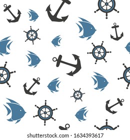 Anchor, wheel and fish seamless pattern. Sport concept. Vector illustration.