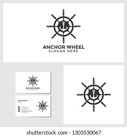 Anchor wheel logo template with business card design mockup vector