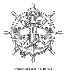 Anchor and wheel with ribbon isolated on white background. Vector vintage engraving illustration with title SEA. Hand drawn in a graphic style.