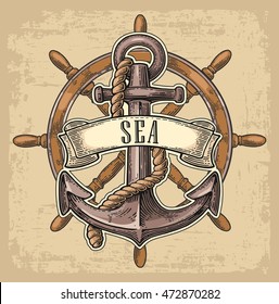 Anchor and wheel with ribbon isolated on beige background. Vector vintage engraving illustration with title SEA. Hand drawn in a graphic style.