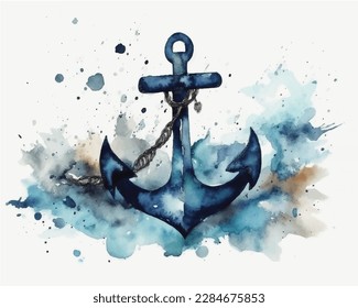 Anchor white icon with chain on abstract artistic background of blue paint splashes
