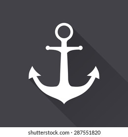 Anchor - white icon with a long shadow on a black background. Vector illustration.