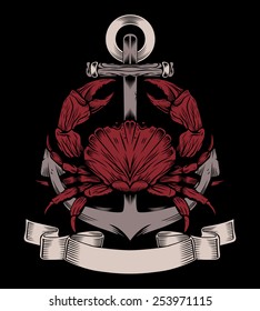 It is a anchor with white ribbon and red crab.