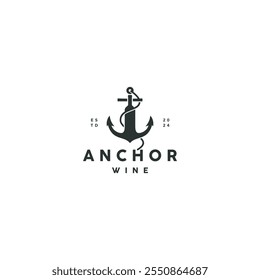 anchor and wine bottle silhouette vector logo design on light background