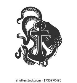  Anchor wrapped with giant octopus. Art. Tattoo.Vector illustration.