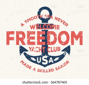 Anchor, yacht club typography. Vintage tee print design. T-shirt graphics. 