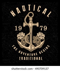 Anchor, yacht club typography. Vintage tee print design. T-shirt graphics. 