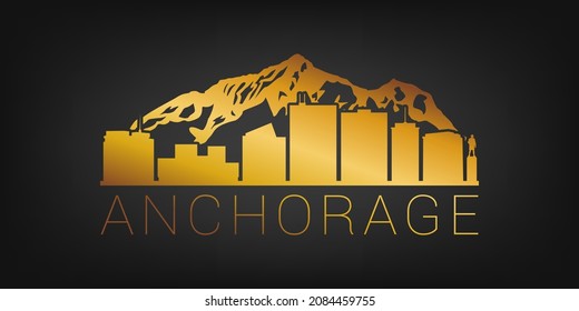 Anchorage, AK, USA Gold Skyline City Silhouette Vector. Golden Design Luxury Style Icon Symbols. Travel and Tourism Famous Buildings.
