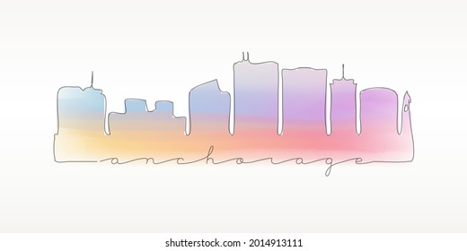 Anchorage, AK, USA Skyline Watercolor City Illustration. Famous Buildings Silhouette Hand Drawn Doodle Art. Vector Landmark Sketch Drawing.