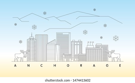 Anchorage, Alaska skyline minimal linear vector illustration and typography design 