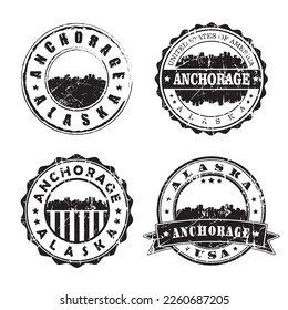 Anchorage Alaska Stamp Skyline Postmark. Silhouette Postal Passport. City Round Vector Icon Set. Vintage Postage 

Design.
