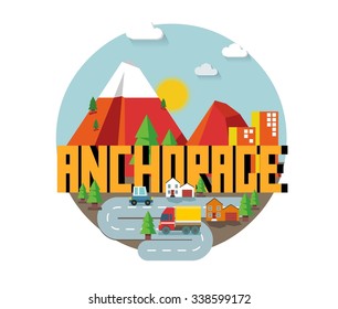 Anchorage beautiful city to visit. vector cartoon