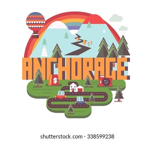 Anchorage beautiful city to visit. vector cartoon