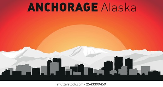 Horizonte de la ciudad de Anchorage con siluetas de edificios con el telón de fondo de un Grande sol amarillo y cielo naranja. Vector en el fondo de la puesta del sol