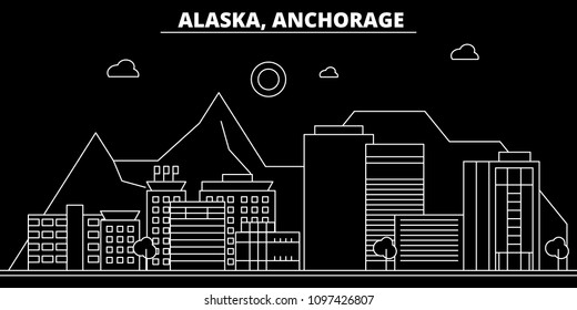 Anchorage silhouette skyline. USA - Anchorage vector city, american linear architecture, buildings. Anchorage travel illustration, outline landmarks. USA flat icon, american line banner
