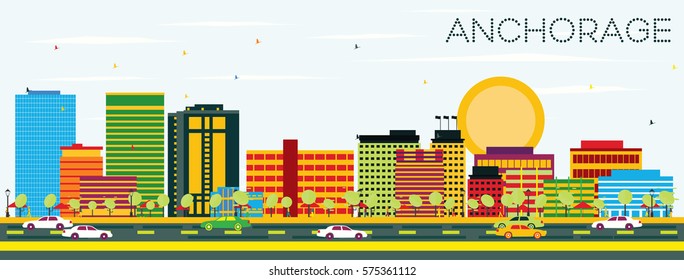 Anchorage Skyline with Color Buildings and Blue Sky. Business Travel and Tourism Concept. Image for Presentation Banner Placard and Web Site.