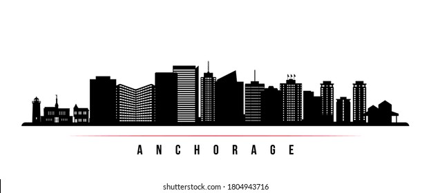 Anchorage skyline horizontal banner. Black and white silhouette of Anchorage City, Alaska. Vector template for your design. 