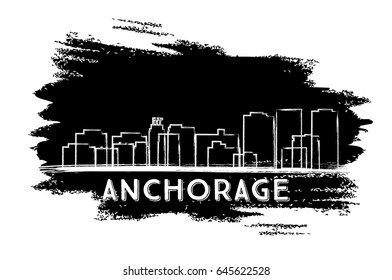 Anchorage Skyline Silhouette. Hand Drawn Sketch. Vector Illustration. Business Travel and Tourism Concept with Historic Architecture. Image for Presentation Banner Placard and Web Site.