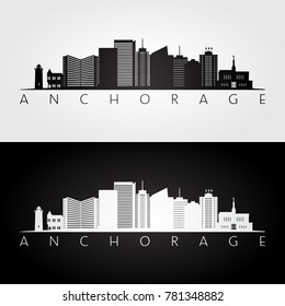 Anchorage usa skyline and landmarks silhouette, black and white design, vector illustration.