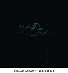 An anchored boat at sea in a linear drawing.  