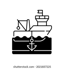 Anchored ship black linear icon. Anchorage. Anchoring operation. Holding vessel in same place. Protecting ship during weather conditions. Outline symbol on white space. Vector isolated illustration