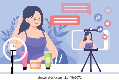 Anchorman explaining beauty techniques during make-up on live broadcast, vector illustration