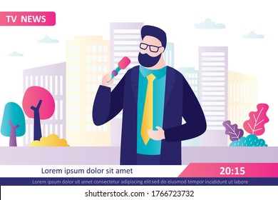 Anchorman or journalist on street, live reporting. Reporter with microphone broadcast breaking news. Male character in suit tells latest tidings on television channel. City view. Vector illustration
