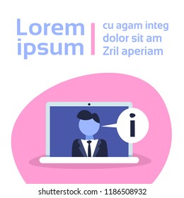 anchorman news announcer laptop screen info sign online video journalism live report breaking hot news concept male cartoon character portrait copy space flat vector illustration