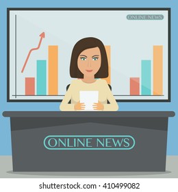 Anchorman, news announcer in the studio. Vector illustration
