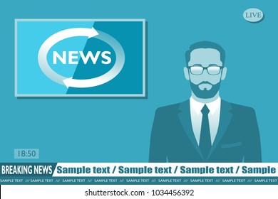 Anchorman on tv broadcast news. Breaking News vector illustration. Media on television concept.