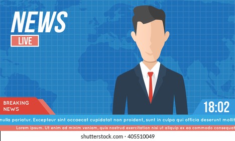 Anchorman On Tv Broadcast News. Media On Television Concept. With Globe Background. Anchor Man Flat Vector Illustration