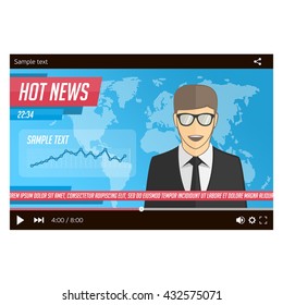 Anchorman on tv broadcast news. Vector illustration media on television concept with globe map background. Breaking news. News announcer in the studio. Vector illustration in flat style.  