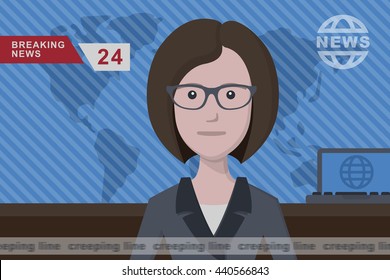 Anchorman on tv broadcast news. Anchorman on a globe background. Anchorman flat vector illustration. Anchorman with the release of breaking news.