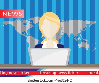 Anchorman on tv broadcast news. Anchorman flat vector illustration. Anchorman with the release of breaking news.