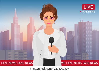 Anchorman pretty woman on city background. Media tv broadcast news. Fake Breaking News concept vector illustration.